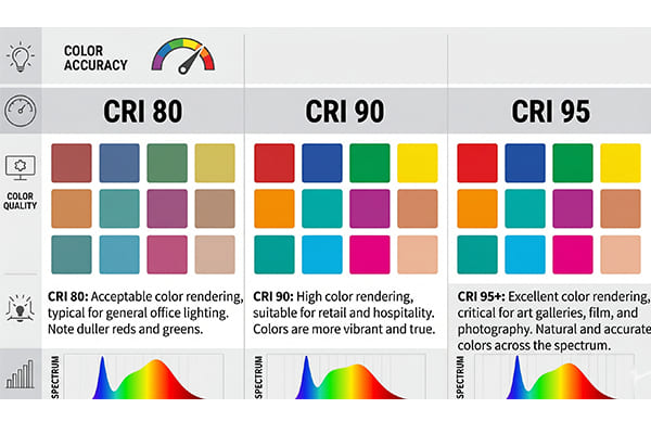A palette of colors shown under CRI 80, 90, and 95 light